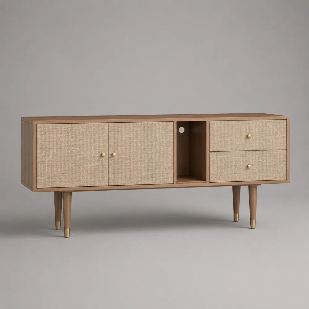 Mobile TV rettangolare in MDF impiallacciato noce e rattan naturale, con 2 ante, 2 cassetti e vano aperto, 150 x 40 x 75 cm