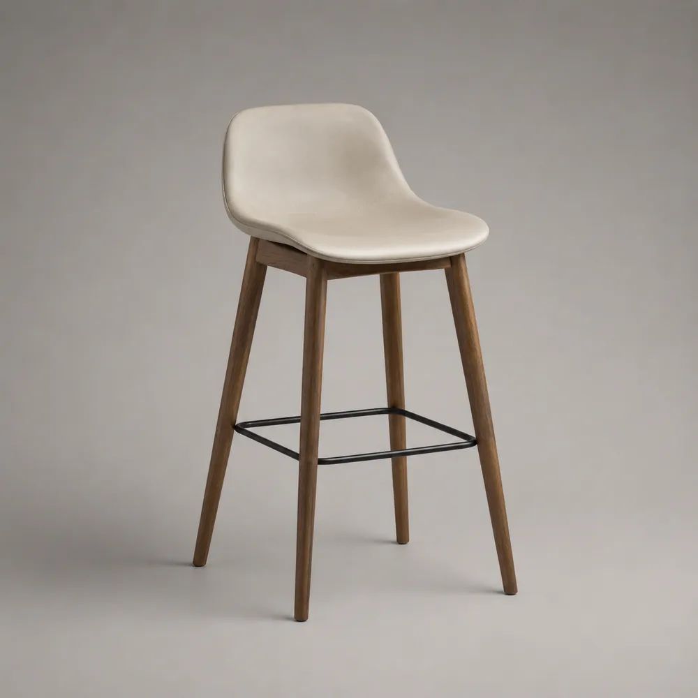 Sgabello da bar imbottito crema con gambe in legno marrone e poggiapiedi in metallo nero, 48 x 52 x 97 cm