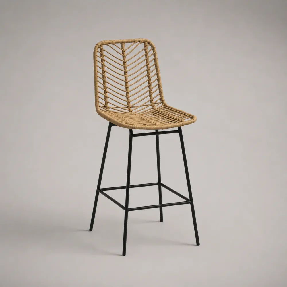 Sgabello da bar alto in rattan sintetico PE e acciaio nero, 48 x 52 x 103 cm