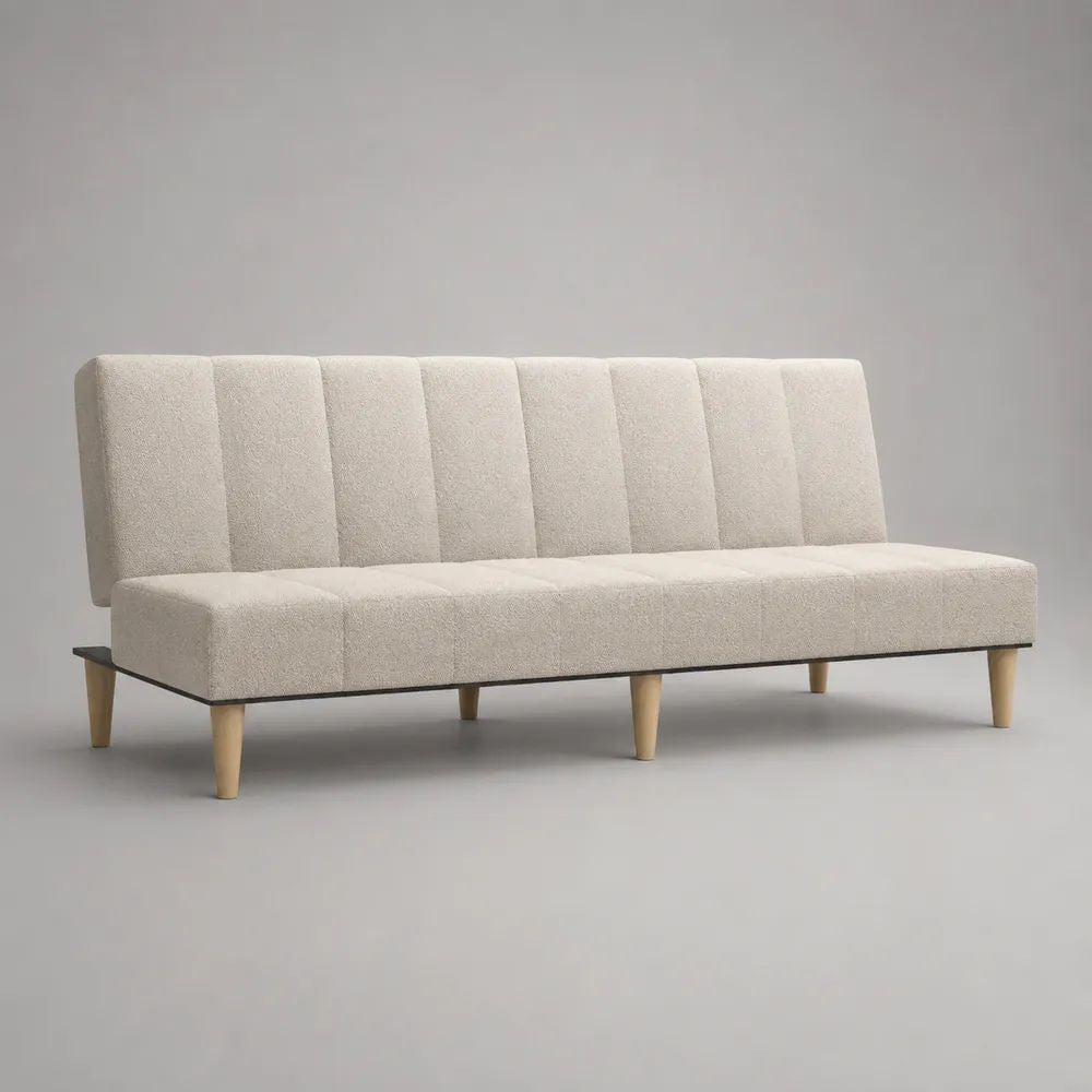 Divano rettangolare 3 posti senza braccioli in tessuto bouclé crema con gambe in legno, 180 x 80 x 78 cm