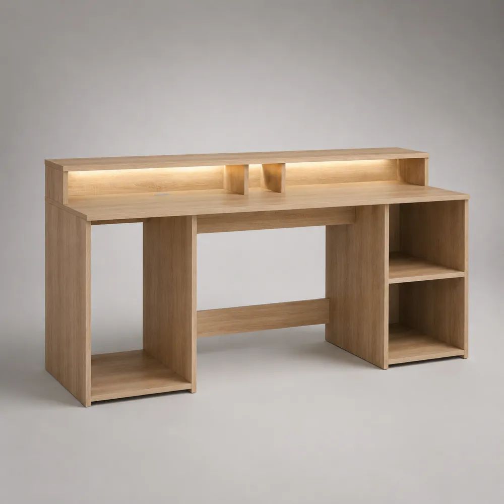 Scrivania rettangolare in legno con scaffali e illuminazione LED, rovere naturale, 140 x 60 x 110 cm