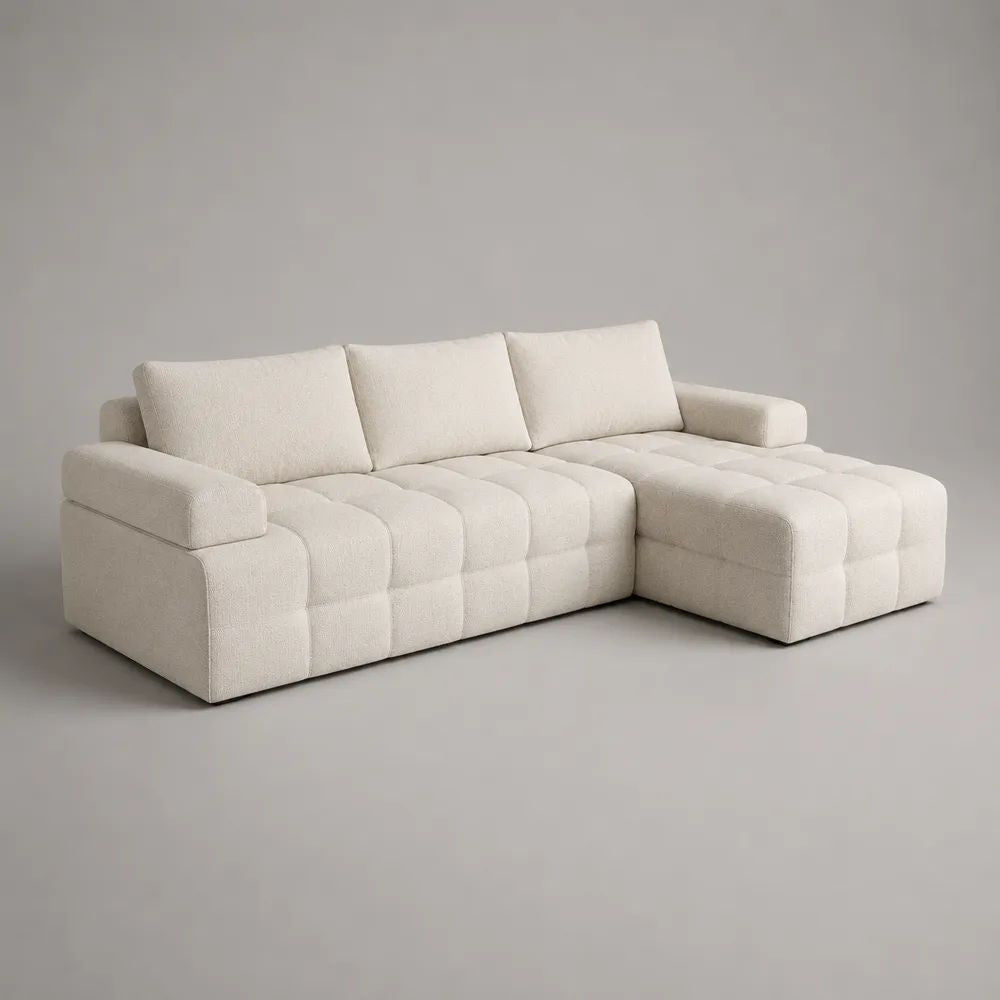 Divano angolare modulare 3 posti in tessuto bouclé bianco crema con penisola destra, 2 pezzi, 260 x 165 x 85 cm