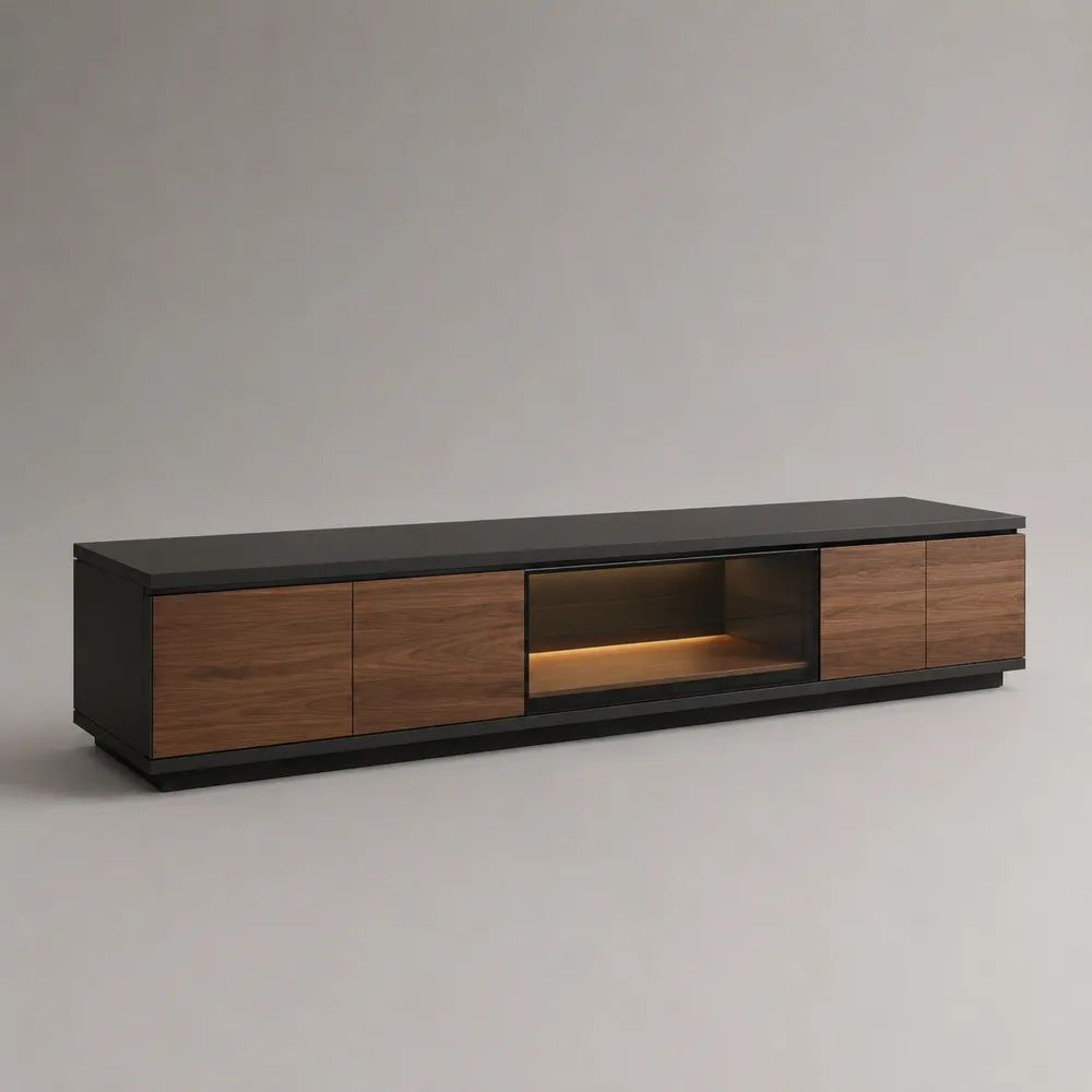 Mobile TV basso in legno MDF impiallacciato noce con 4 ante, vano aperto e illuminazione LED, nero e marrone, 240 x 45 x 55 cm