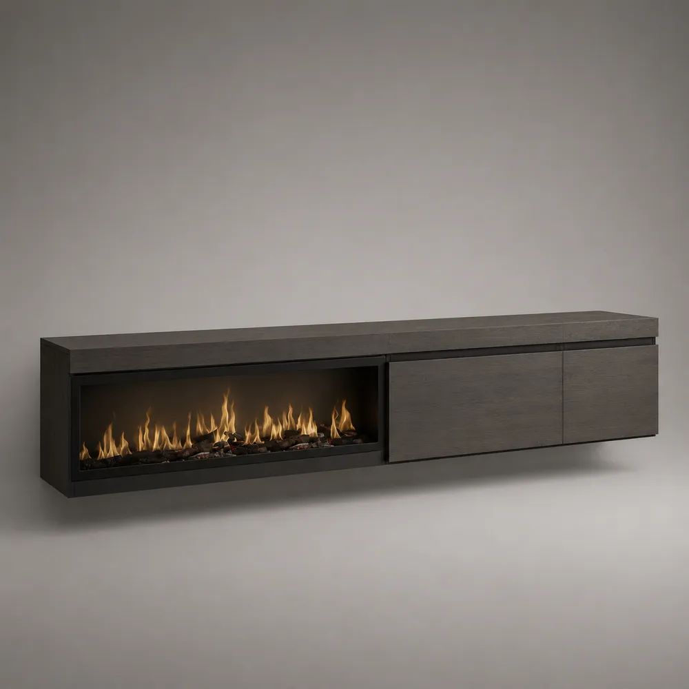 Mobile TV sospeso con camino elettrico da 1500 W in legno e metallo, rovere grigio scuro e nero, 240 x 40 x 60 cm
