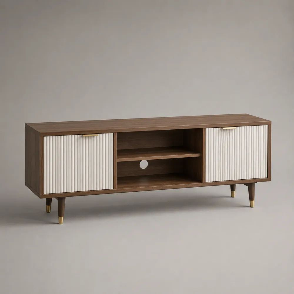Mobile TV rettangolare in MDF effetto noce con 2 ante scorrevoli bianche, 140 x 40 x 60 cm