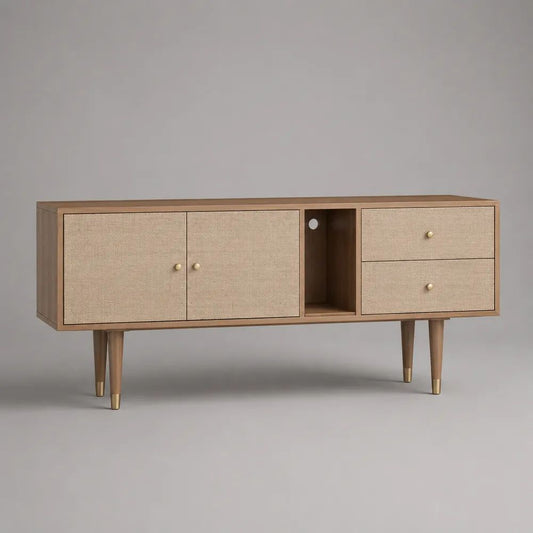 Mobile TV rettangolare in MDF impiallacciato noce e rattan naturale, con 2 ante, 2 cassetti e vano aperto, 150 x 40 x 75 cm
