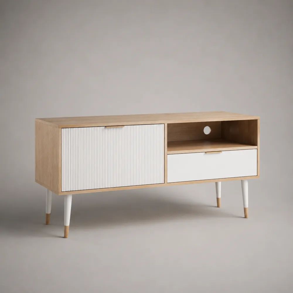Mobile TV rettangolare in MDF effetto rovere naturale con anta e cassetto bianchi, 120 x 40 x 65 cm