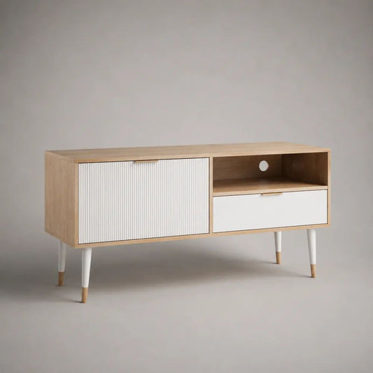 Mobile TV rettangolare in MDF effetto rovere naturale con anta e cassetto bianchi, 120 x 40 x 65 cm