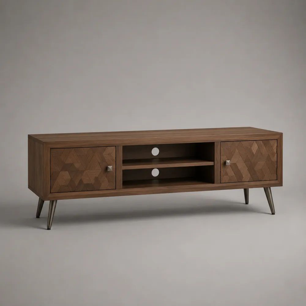 Mobile TV rettangolare in legno marrone noce con 2 ante, 2 vani portacavi e gambe in metallo, 160 x 40 x 58 cm