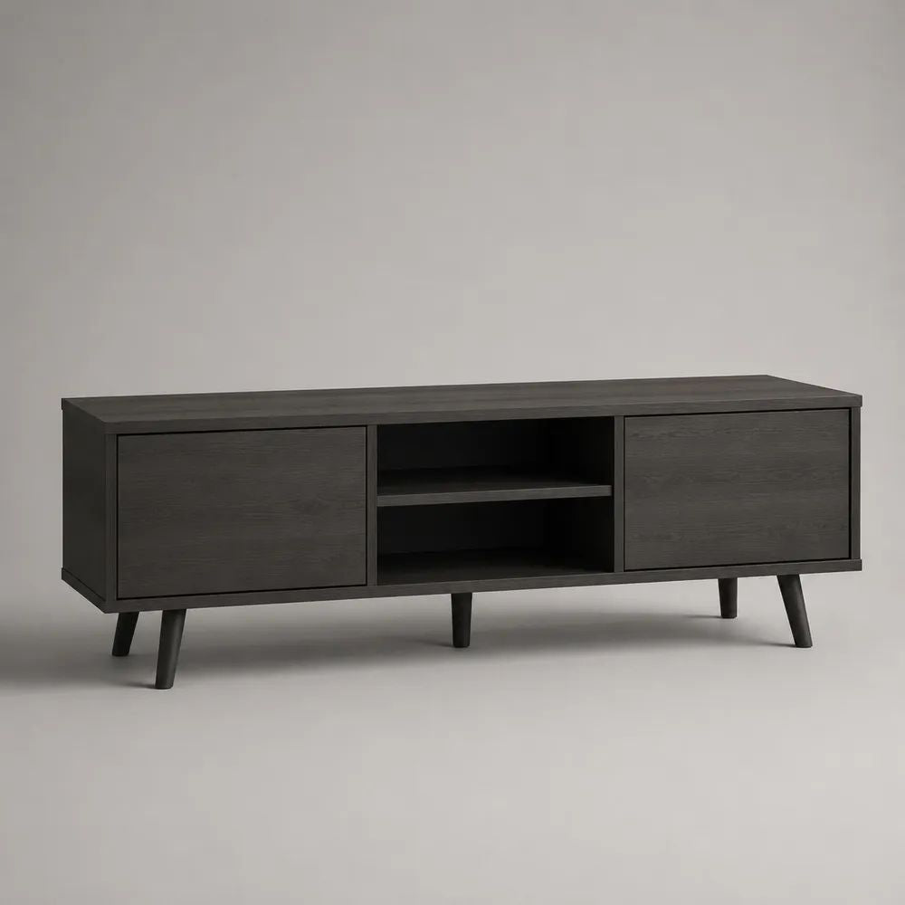 Mobile porta TV basso rettangolare in legno nero, 2 ante e 2 vani aperti, 140 x 40 x 60 cm