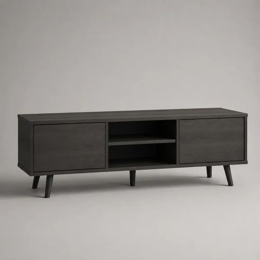 Mobile porta TV basso rettangolare in legno nero, 2 ante e 2 vani aperti, 140 x 40 x 60 cm