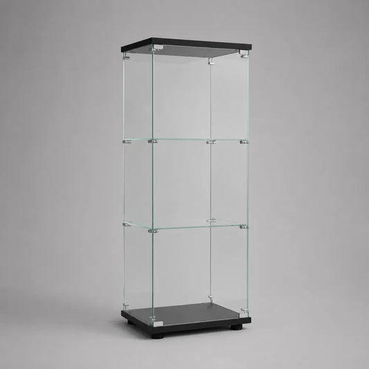 Vetrina espositiva rettangolare in vetro con anta battente e 2 ripiani, trasparente e nera, 40 x 35 x 120 cm