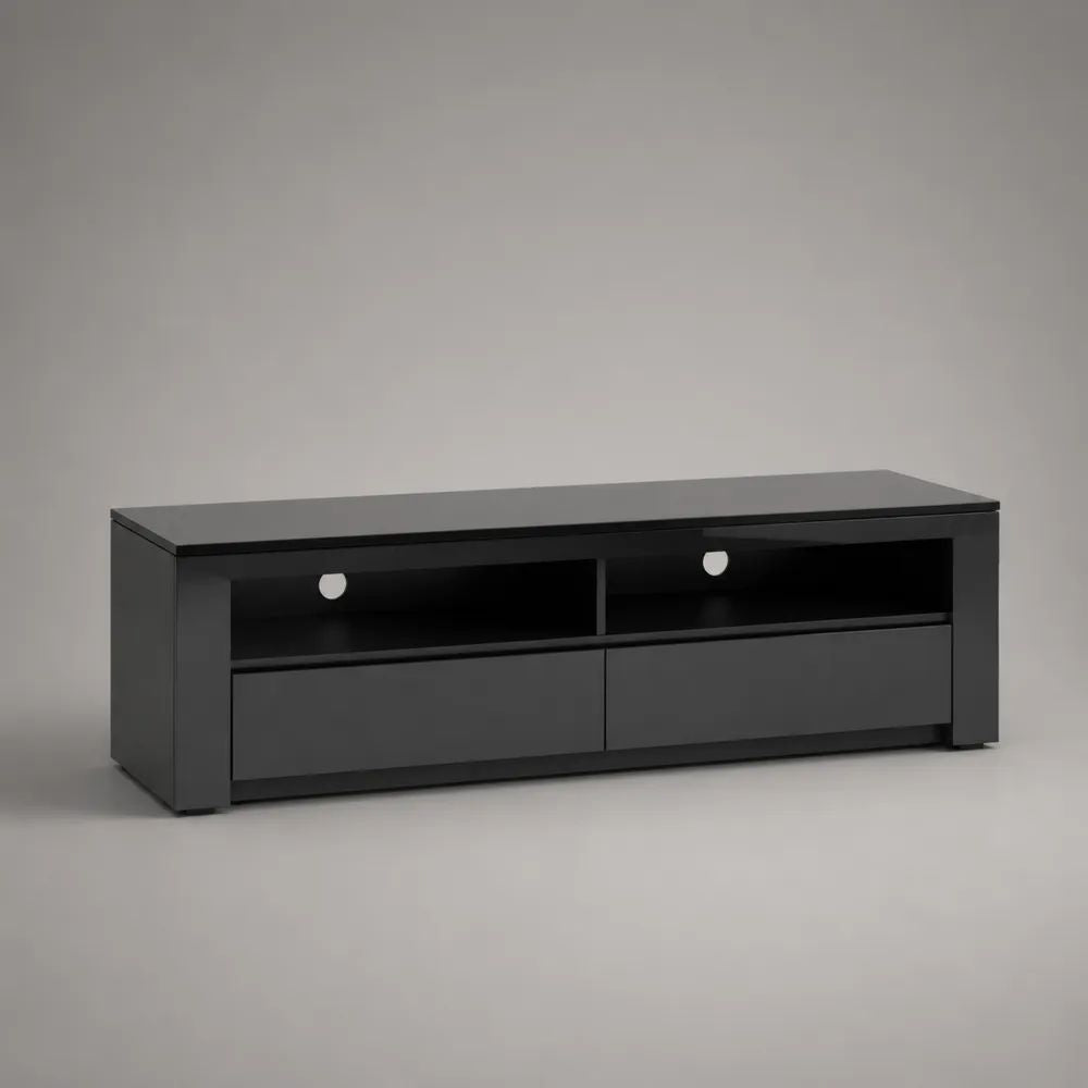 Mobile TV basso nero in pannello truciolare e vetro temperato con 2 cassetti, 2 vani e passacavi, 120 × 40 × 45 cm