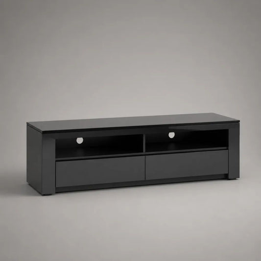 Mobile TV basso nero in pannello truciolare e vetro temperato con 2 cassetti, 2 vani e passacavi, 120 × 40 × 45 cm
