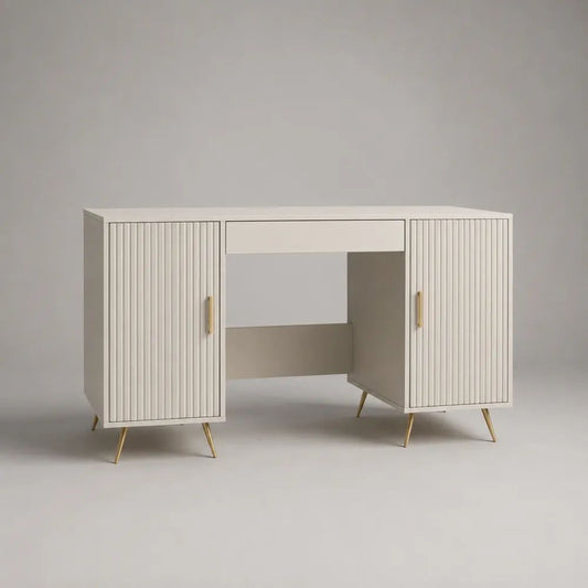 Scrivania rettangolare in MDF avorio e oro con 2 ante scanalate e 1 cassetto, 140 x 50 x 76 cm