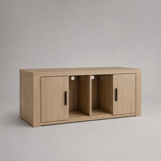 Mobile TV basso in legno con 2 ante, 2 vani aperti e passacavi, 120 x 40 x 55 cm, rovere naturale e nero