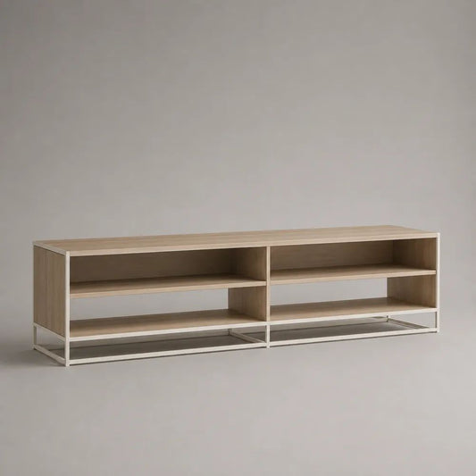 Mobile TV basso rettangolare con 4 vani aperti in pannello truciolare melaminico e acciaio, rovere naturale e bianco, 180 × 40 × 60 cm