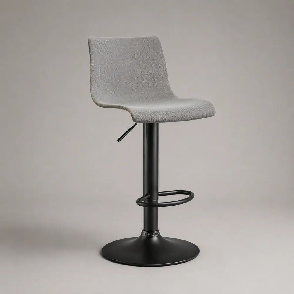 Sgabello da bar girevole regolabile in tessuto grigio e acciaio nero, 44 x 48 x 88-108 cm