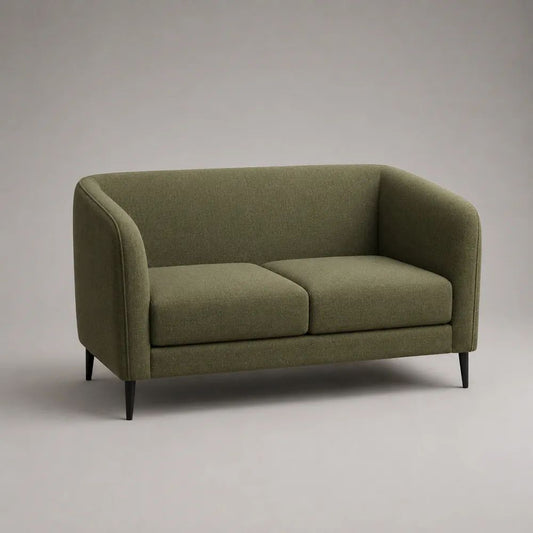 Divano 2 posti in tessuto verde oliva con braccioli arrotondati e gambe in metallo nero, 145 × 78 × 78 cm
