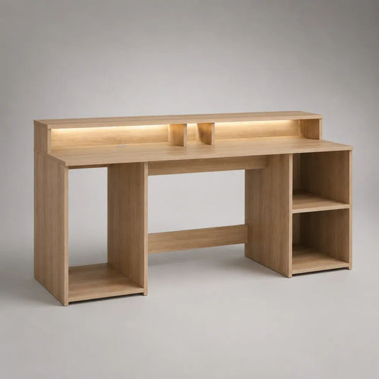 Scrivania rettangolare in legno con scaffali e illuminazione LED, rovere naturale, 140 x 60 x 110 cm