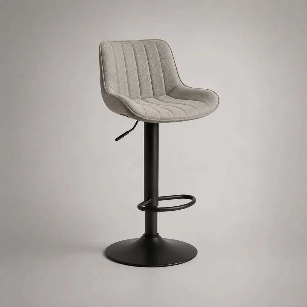 Sgabello da bar girevole regolabile in tessuto e metallo, beige e nero, 47 x 51 x 83-104 cm