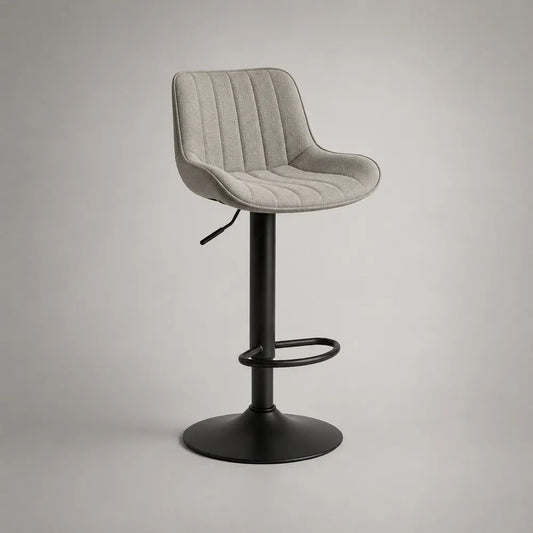 Sgabello da bar girevole regolabile in tessuto e metallo, beige e nero, 47 x 51 x 83-104 cm