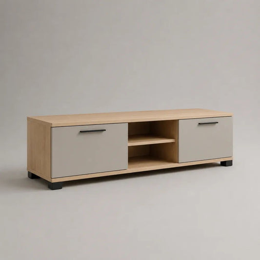 Mobile TV basso rettangolare in truciolare melaminico, rovere chiaro e grigio chiaro, 140 x 40 x 50 cm