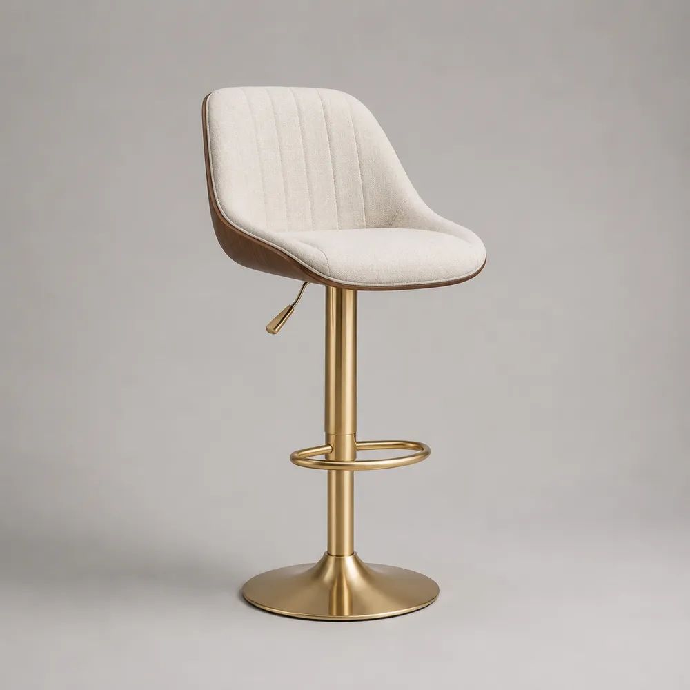 Sgabello da bar girevole regolabile in tessuto beige, legno e acciaio dorato, 50 x 52 x 88-108 cm