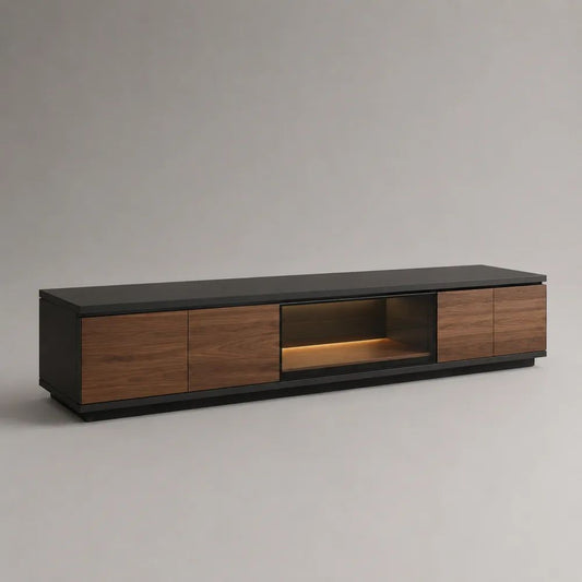 Mobile TV basso in legno MDF impiallacciato noce con 4 ante, vano aperto e illuminazione LED, nero e marrone, 240 x 45 x 55 cm