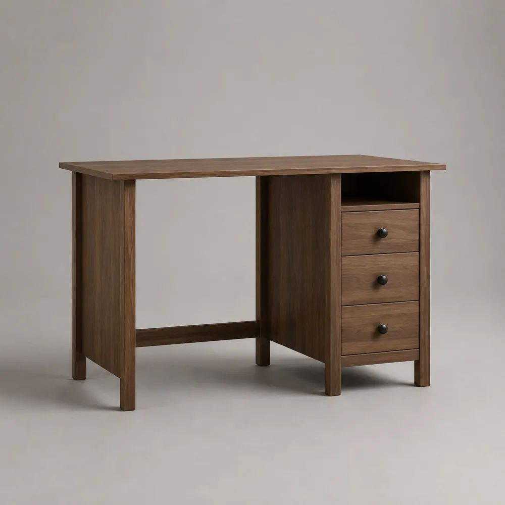 Scrivania rettangolare da ufficio in MDF con impiallacciatura effetto noce, 3 cassetti e vano aperto, marrone noce e nero, 120 x 60 x 75 cm