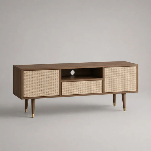 Mobile porta TV basso rettangolare in MDF impiallacciato e rattan, marrone noce/beige/oro, 150 x 40 x 70 cm