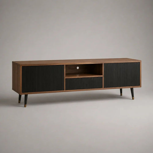 Mobile porta TV basso rettangolare in MDF impiallacciato noce con 2 ante, cassetto e vano aperto, nero, 160 x 40 x 60 cm