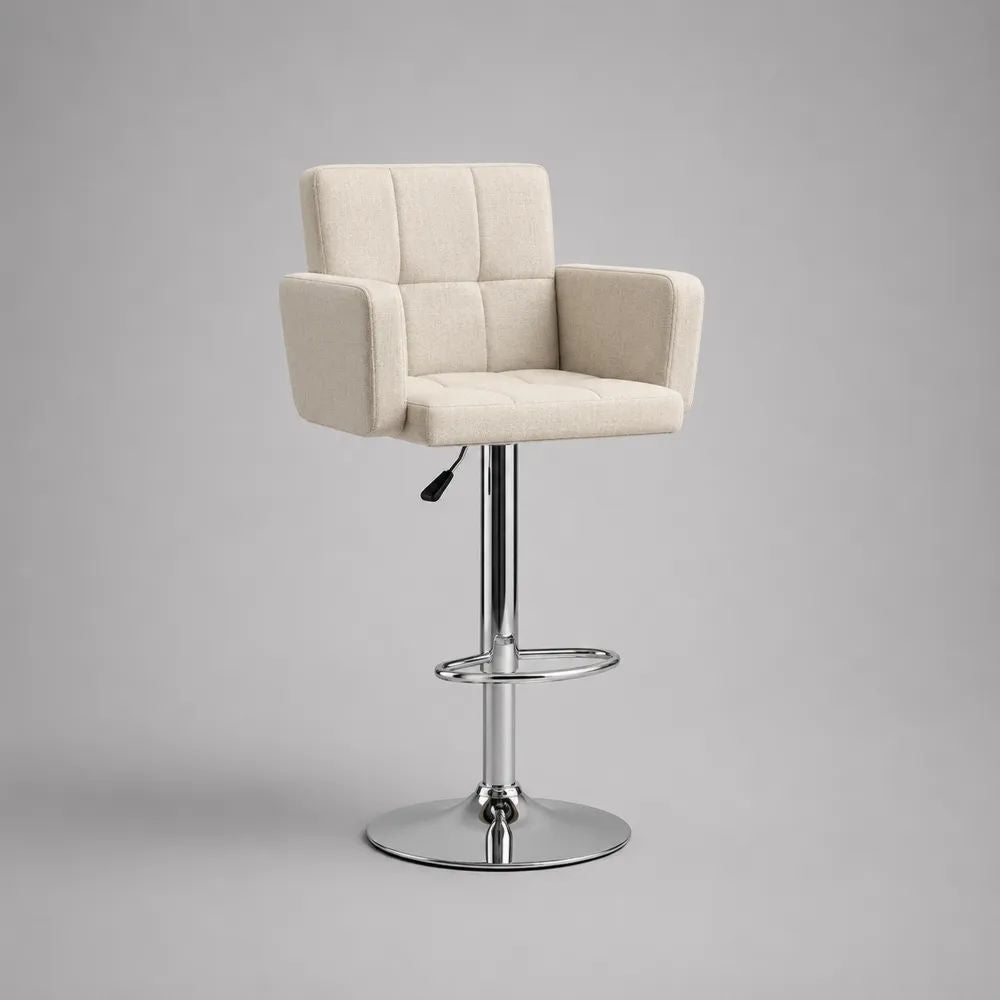 Sgabello da bar regolabile e girevole con braccioli in poliestere crema e acciaio cromato, 55 x 50 x 88-108 cm