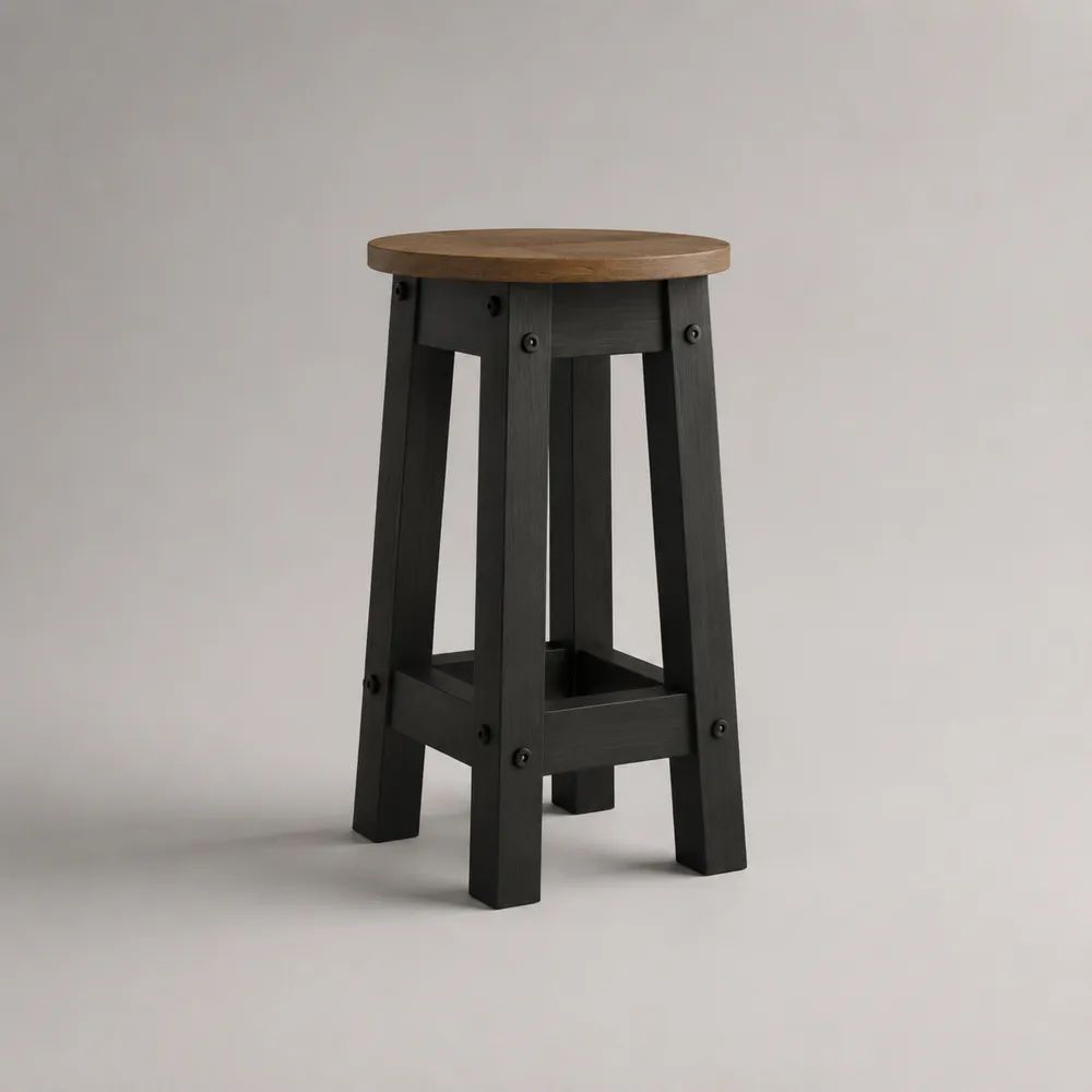 Sgabello alto da bar in legno massello di pino, seduta rotonda marrone e struttura nera, 35 × 35 × 70 cm