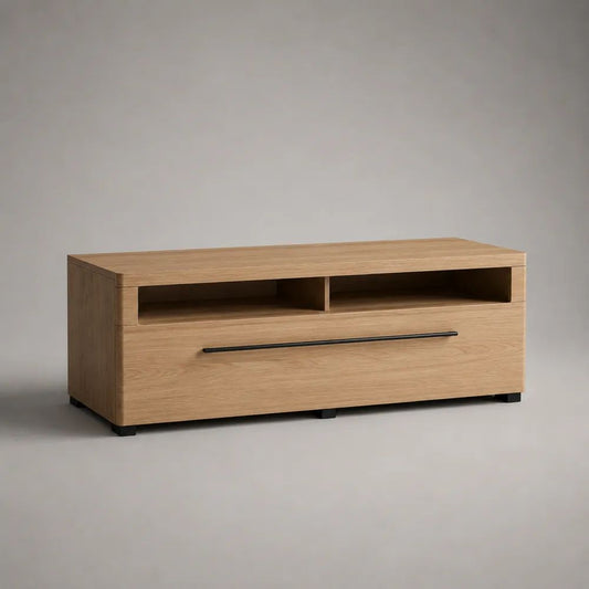 Mobile porta TV in MDF impiallacciato in rovere con 2 vani aperti e cassetto, rovere naturale e nero, 120 x 40 x 50 cm