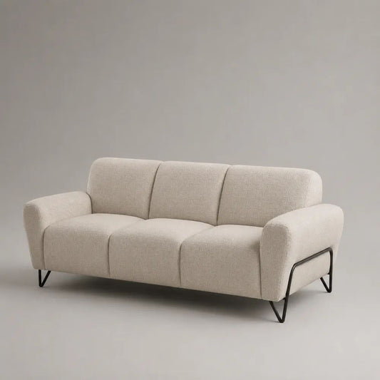 Divano 3 posti in tessuto bouclé con struttura in legno e gambe in acciaio, bianco crema e nero, 200 × 88 × 84 cm