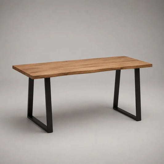 Scrivania rettangolare in legno massello di acacia e acciaio, marrone e nera, 140 × 60 × 75 cm