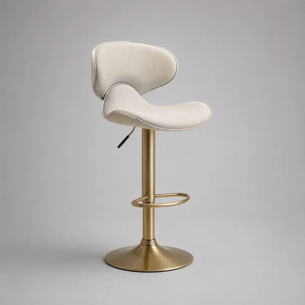 Sgabello da bar girevole regolabile in poliestere e acciaio, crema e oro, 48 × 50 × 84–105 cm