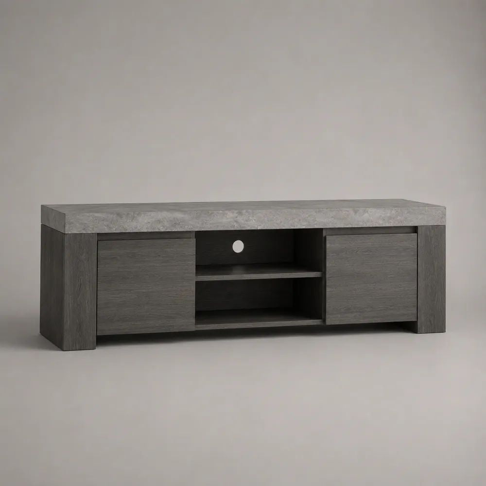 Mobile TV rettangolare in pannelli truciolari melaminici grigio, 2 ante e 2 vani aperti, 140 x 40 x 50 cm
