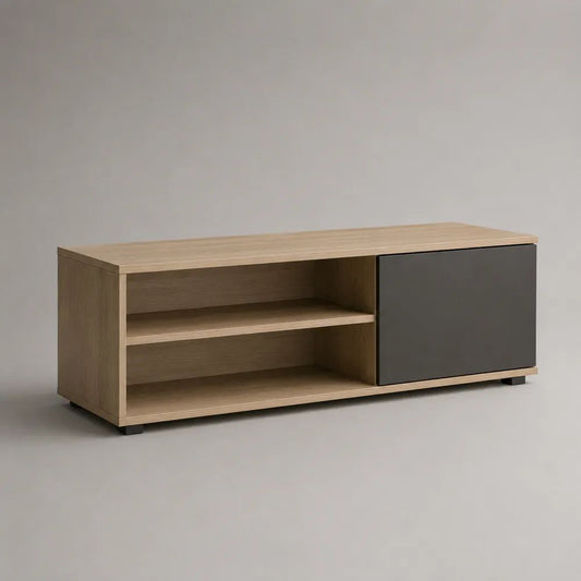Mobile TV rettangolare in legno con anta scorrevole e 2 vani aperti, rovere chiaro e antracite, 120 x 40 x 50 cm