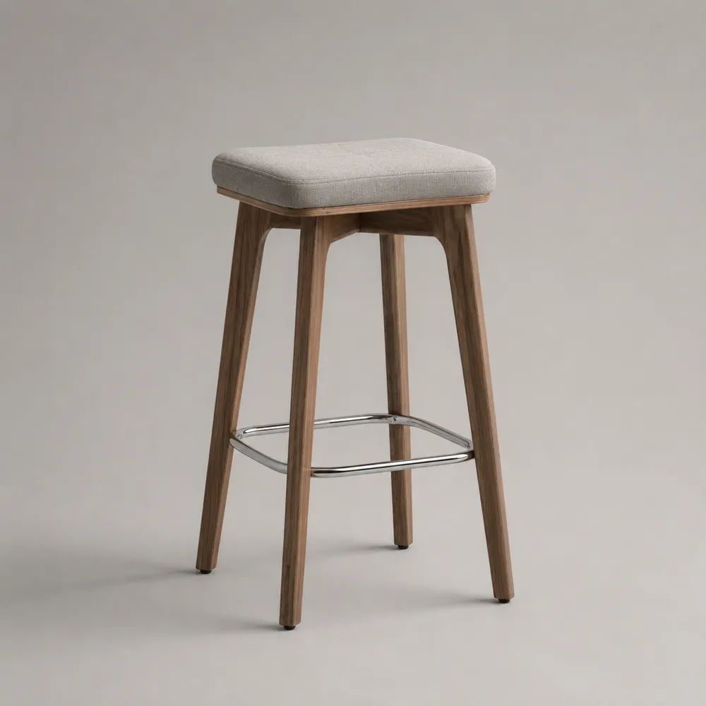 Sgabello da bar imbottito rettangolare in legno massello e tessuto, grigio chiaro e marrone, 43 × 38 × 76 cm