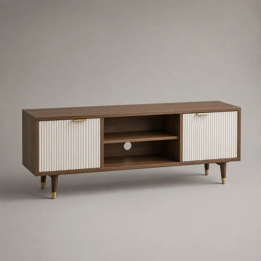 Mobile TV rettangolare in MDF effetto noce con 2 ante scorrevoli bianche, 140 x 40 x 60 cm